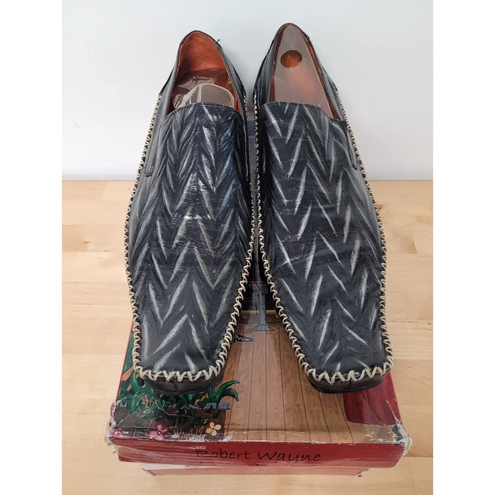 Robert Wayne Jordan Loafers Mens Size 12 Black Silver Chevron Whipstitch Shoes